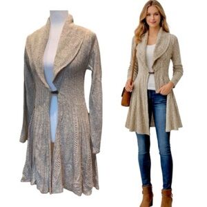 NWT Long Sleeve Knit Longline Sweater Cardigan Marled Beige White